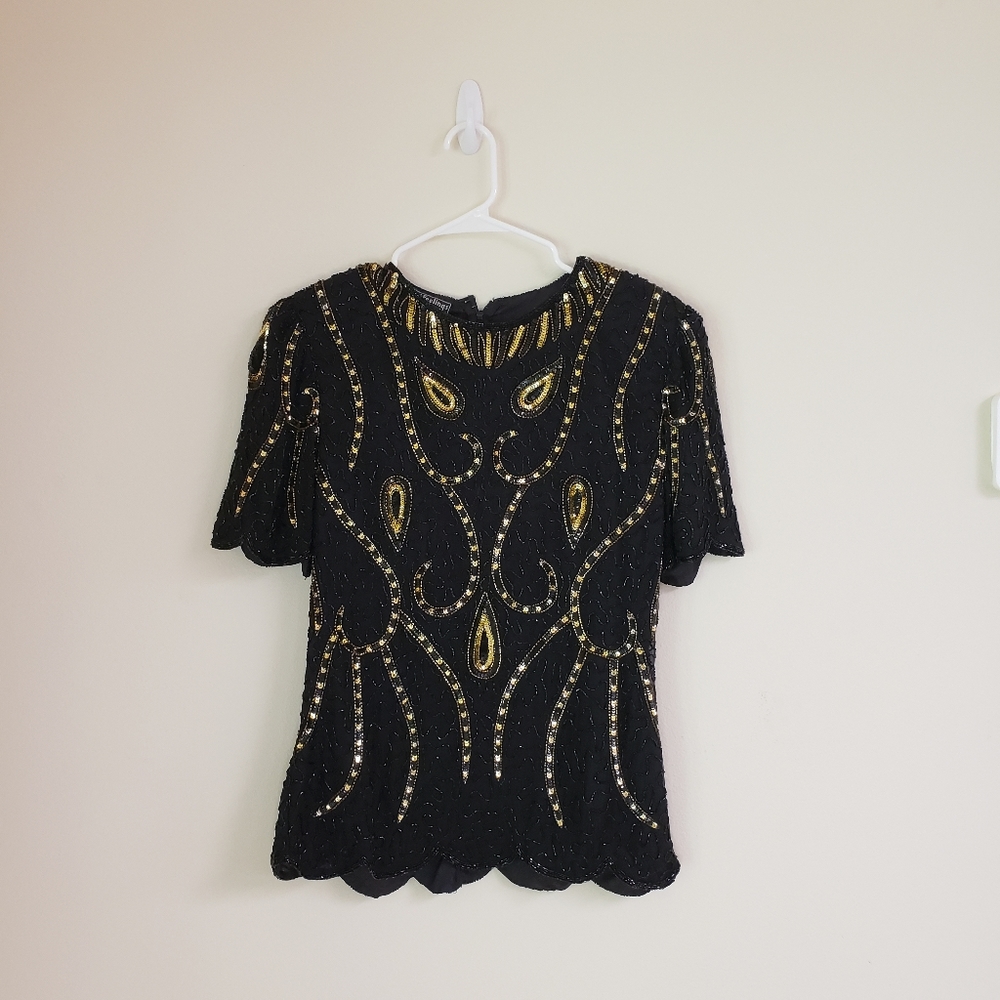 Vintage Royal feelings beaded sequin shirt with shoulder pads black and …